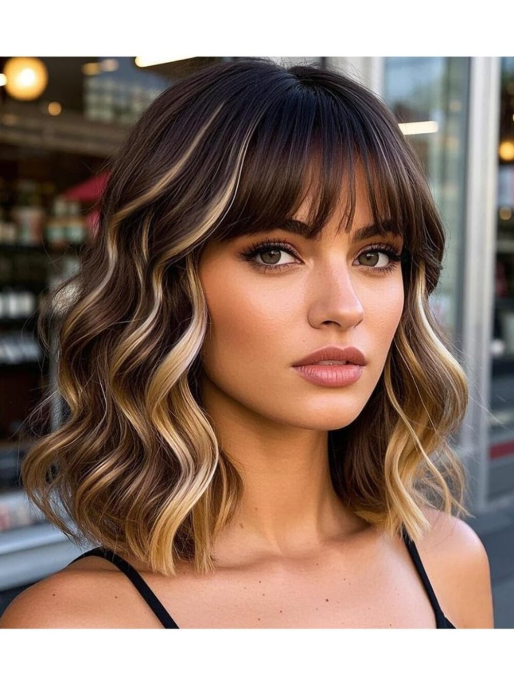 Blonde Highlight Bob Wig with Bangs Short Brown with Blonde Wigs for Women